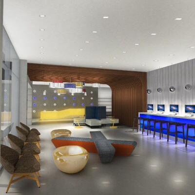 glo lobby with sitting areas and desks