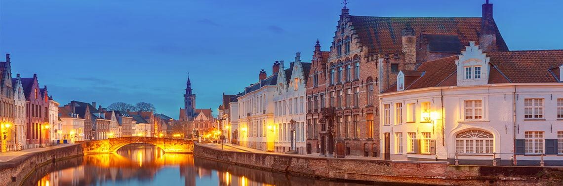 Evening view of waterfront neighborhood in Belgium