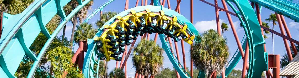 Corkscrew roller coaster in a theme park in FL