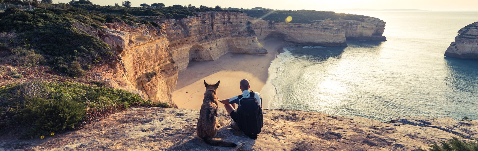 Man and his dog watching sunset on steps to beach